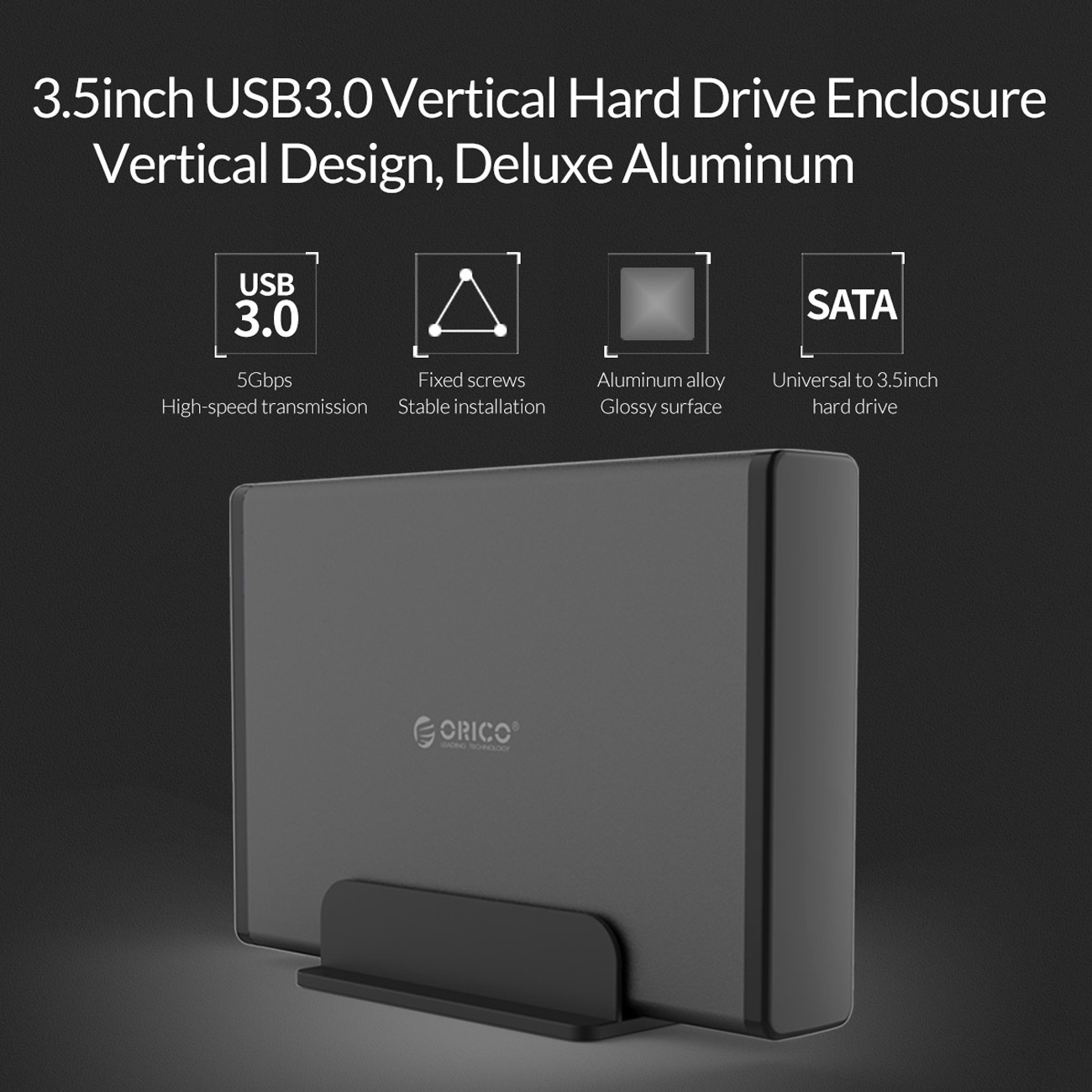 Product imagem, angled view: Orico 3.5 inch USB3.0 External Hard Drive Enclosure. with 4 main features.